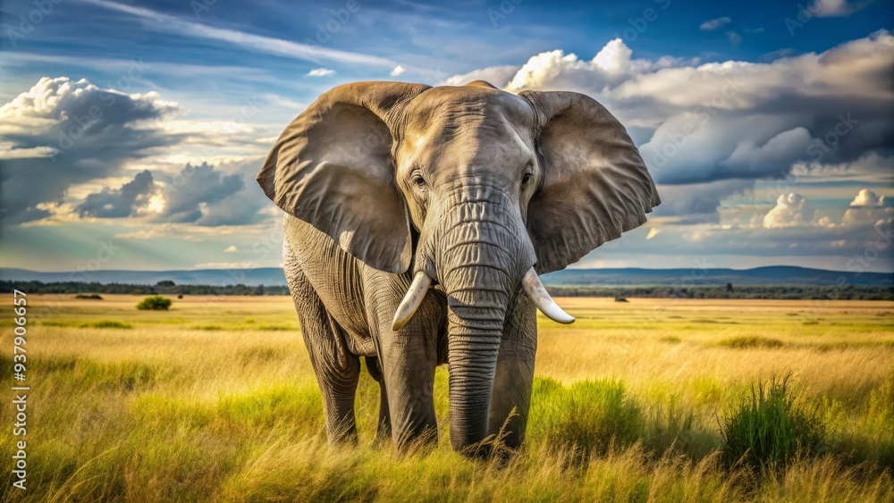Fototapeta premium A majestic African elephant stands tall in a sun-drenched savannah, its wrinkled gray skin glistening, tusks curled, and ears flapping in the gentle breeze.