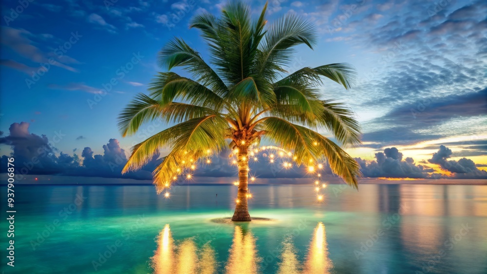 A majestic palm tree stands tall, adorned with twinkling Christmas lights that reflect off the calm turquoise water in the background, evoking a serene winter wonderland ambiance. A majestic palm tree stands tall, adorned with twinkling Christmas lights that reflect off the calm turquoise water in the background, evoking a serene winter wonderland ambiance.