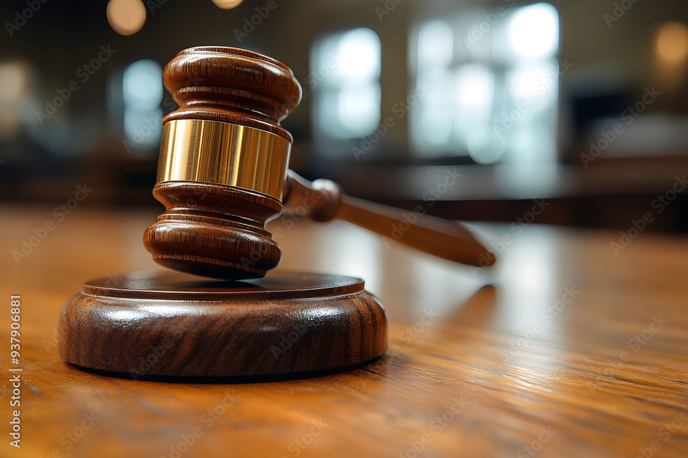 Close-up of a gavel on a table with a blurred, sorrowful defendant in the background at a court. A wooden judge's hammer in a tribunal room. Close-up of a gavel on a table with a blurred, sorrowful defendant in the background at a court. A wooden judge's hammer in a tribunal room.