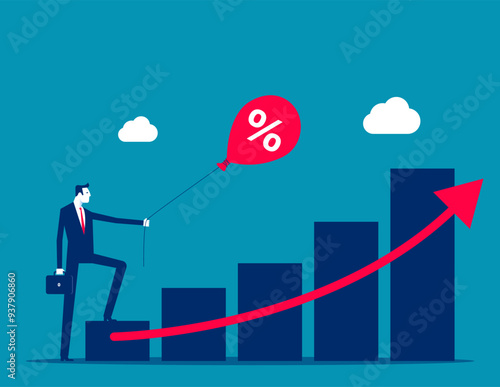 Revenue or salary increase, growth investment profit or earning from stock market. Businessman with balloon on dollar money sign with growth graph and chart. Money or wages growing concept