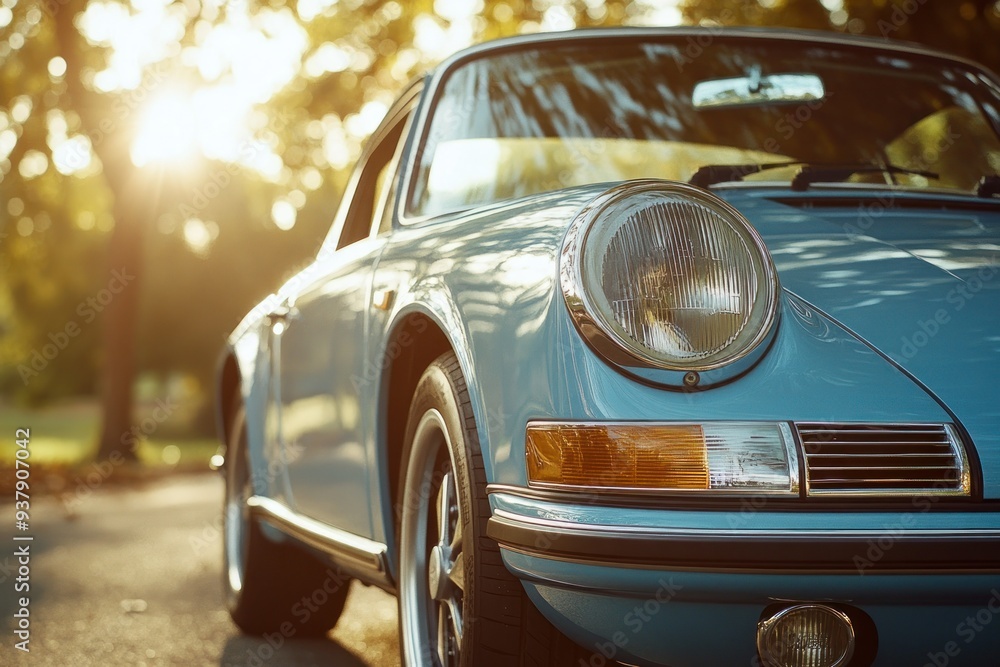 Fototapeta premium Blue Classic Car with Headlights and Grille in Sunlight