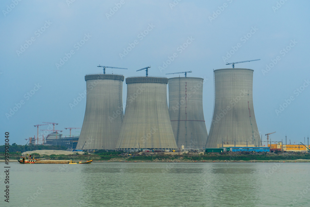 Cooling towers of Ruppur Nuclear power Plant, Bangladesh. View from the river.