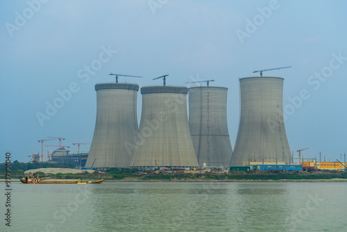 Obraz na płótnie Cooling towers of Ruppur Nuclear power Plant, Bangladesh. View from the river. w salonie
