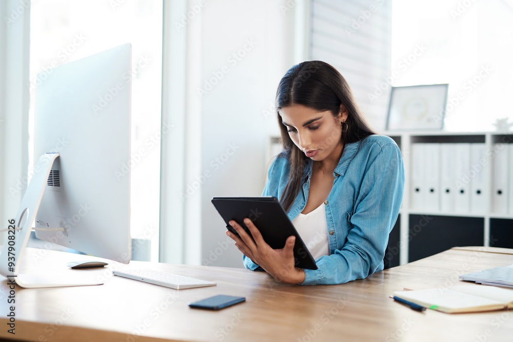 Business, woman and tablet in office for email, agenda and update client information. Accountant, technology and busy with online app for invoicing or digital software for research and feedback Business, woman and tablet in office for email, agenda and update client information. Accountant, technology and busy with online app for invoicing or digital software for research and feedback