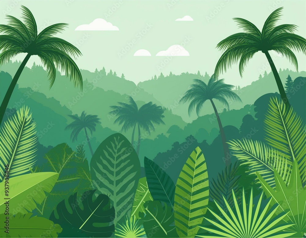 Fototapeta premium Tropical Forest Landscape with light green color flat vector design