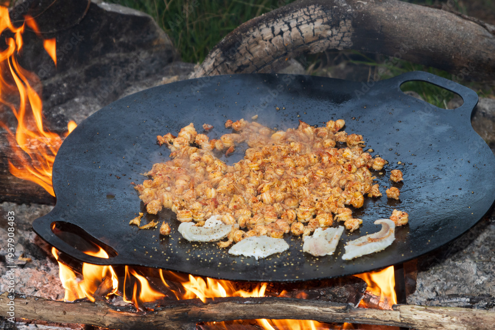 Flusskrebse und Barsch Filets auf der Grillpfanne über dem Lagerfeuer ...