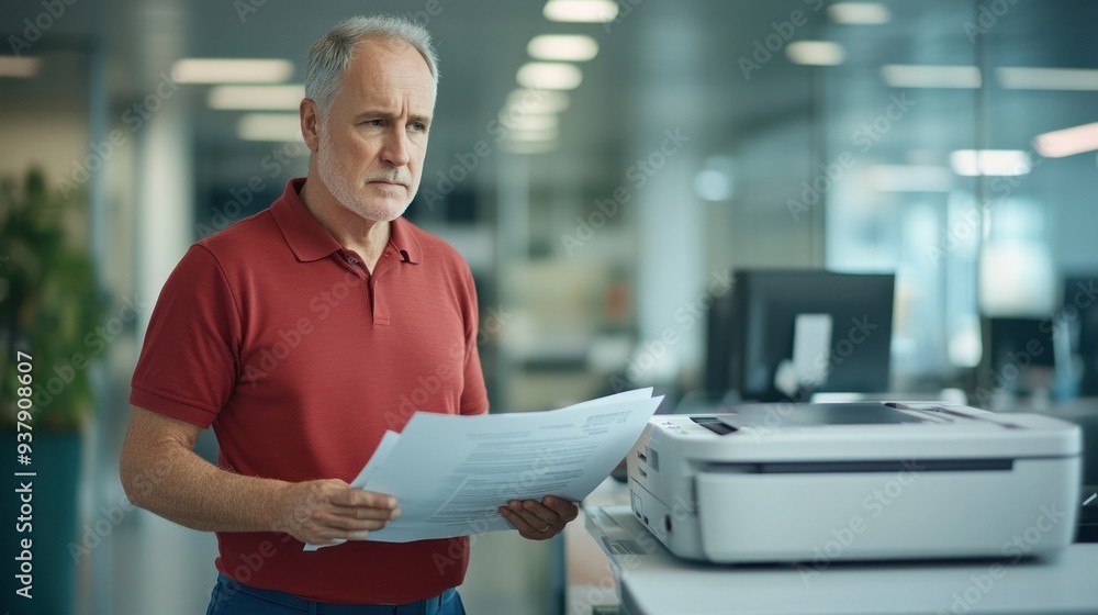 Senior Man Reviewing Documents at Office Printer - A senior man in his 60s carefully reviews documents while using an office printer, focused on the task at hand in a modern workspace. Senior Man Reviewing Documents at Office Printer - A senior man in his 60s carefully reviews documents while using an office printer, focused on the task at hand in a modern workspace.