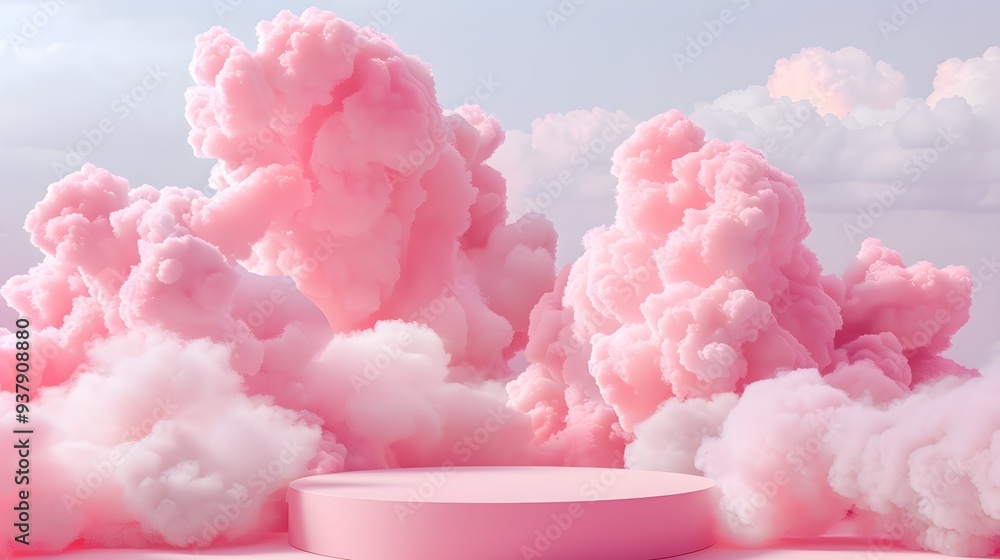 A high-resolution image of a pink podium designed for product display, adorned with fluffy clouds in the background, creating a dreamy and whimsical atmosphere. A high-resolution image of a pink podium designed for product display, adorned with fluffy clouds in the background, creating a dreamy and whimsical atmosphere.