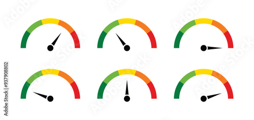 Speedometer icons with arrow. Dashboard with green, yellow and red indicators. tachometer. Low, medium, high and risk levels.