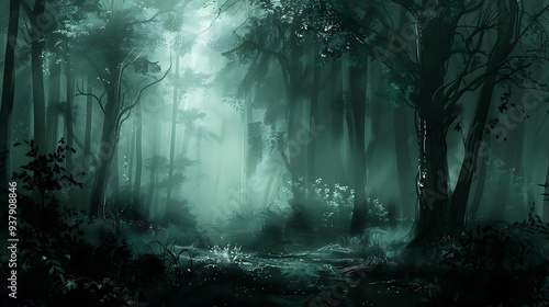 A mystical forest scene shrouded in mist, evoking a sense of mystery and tranquility.