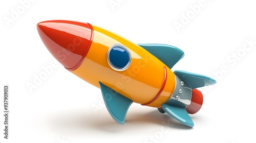 Cartoon rocket ship illustration, 3D render, blending playful design with vibrant colors in a dynamic and modern visual.