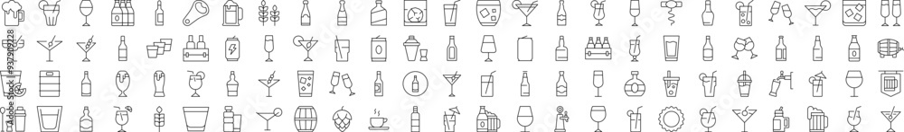 Simple Linear Illustration of Soft Drinks and Alcohol. Contains Icons of Beer, Cocktail, Bottle that Can Be Used for Design of Cards, Posts, Apps, Web Sites