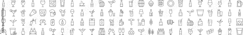 Line Icon Set of Soft Drinks and Alcohol. Contains Icons of Beer, Cocktail, Bottle that Can Be Used for Design of Cards, Posts, Apps, Web Sites Line Icon Set of Soft Drinks and Alcohol. Contains Icons of Beer, Cocktail, Bottle that Can Be Used for Design of Cards, Posts, Apps, Web Sites