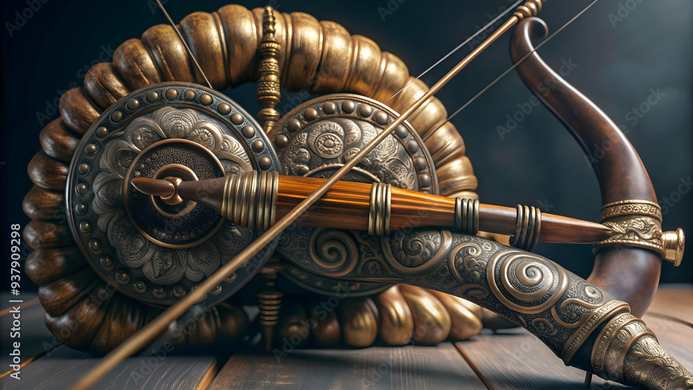 3D Rams Bow and War Conch concept as Vector illustration of Rams bow crossed with a war conch isolated on a white background symbolizing the call to arms and divine righteousness during Dussehra with 3D Rams Bow and War Conch concept as Vector illustration of Rams bow crossed with a war conch isolated on a white background symbolizing the call to arms and divine righteousness during Dussehra with