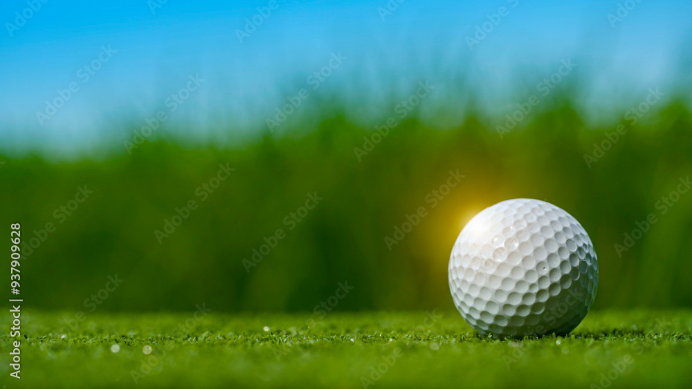 Fototapeta premium Golf ball on green grass in the evening golf course with sunshine background.