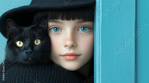 Girl with black cat by turquoise wall in soft lighting photo