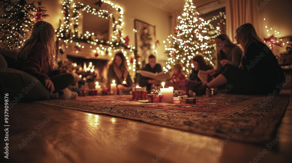 A cozy and intimate Christmas Eve scene featuring a family or group of friends engaged in holiday traditions. The setting includes activities such as reading Christmas stories, preparing for Santa, or A cozy and intimate Christmas Eve scene featuring a family or group of friends engaged in holiday traditions. The setting includes activities such as reading Christmas stories, preparing for Santa, or