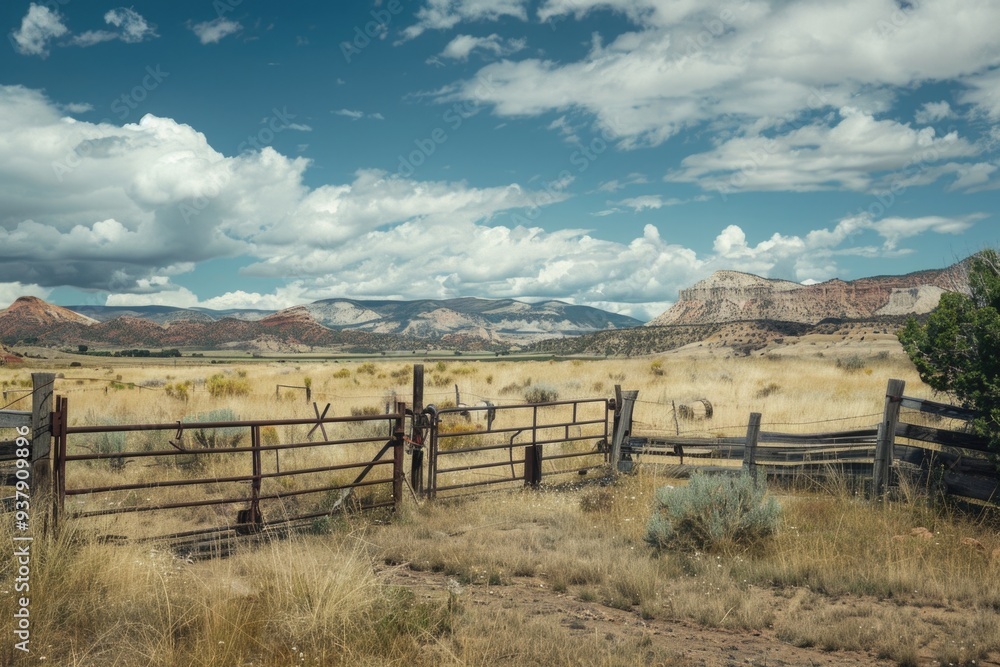 A wooden fence in a green field with mountains visible in the distance A wooden fence in a green field with mountains visible in the distance