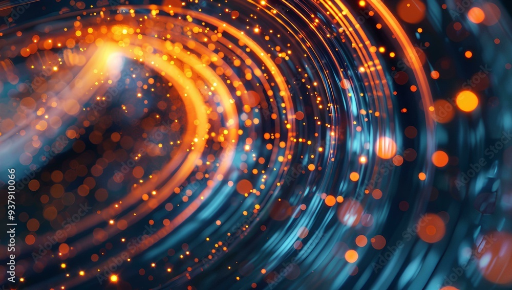 close up of an orange and blue fiber optic cable, swirling in the air with data flowing, texture of the cables and light particles. A soft bokeh effect creates a dreamy atmosphere around the lens. close up of an orange and blue fiber optic cable, swirling in the air with data flowing, texture of the cables and light particles. A soft bokeh effect creates a dreamy atmosphere around the lens.