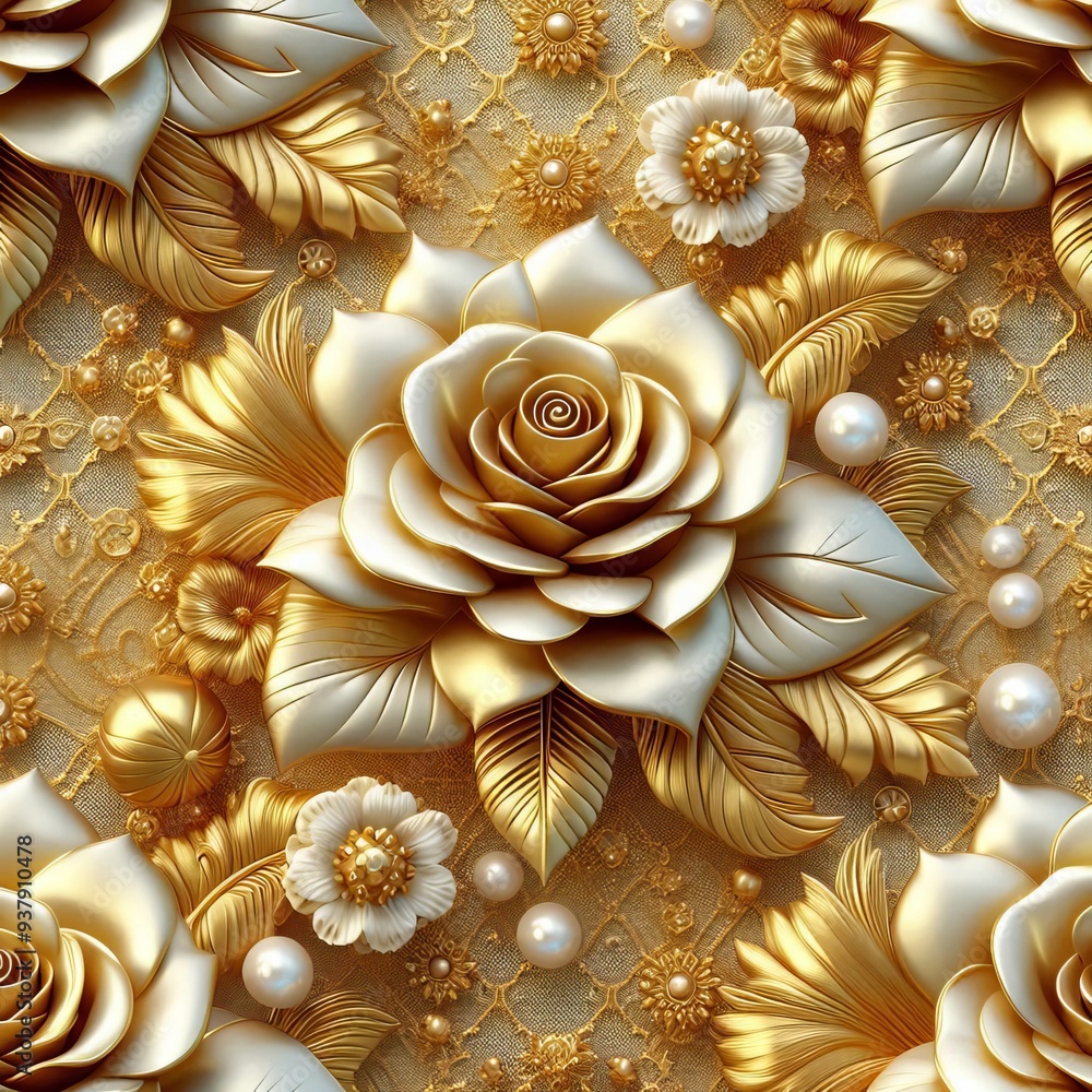 Elegant gold and ivory floral pattern with roses and intricate details, creating a luxurious and sophisticated design. Elegant gold and ivory floral pattern with roses and intricate details, creating a luxurious and sophisticated design.