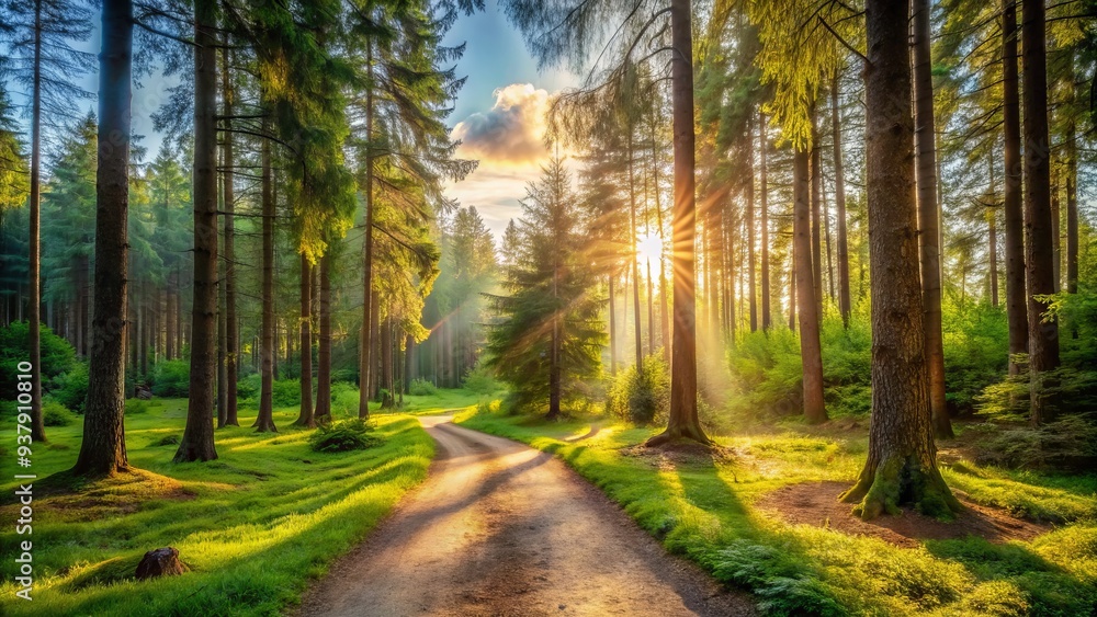 Obraz premium A serene forest landscape featuring a winding dirt path diverging into two separate trails, surrounded by lush greenery and towering trees under a sunny sky.