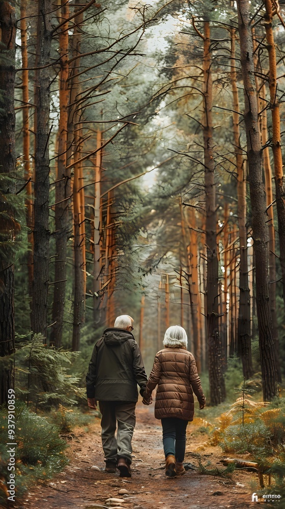 Fototapeta premium Elderly Couple Exploring Serene Forest Trail Holding Hands in Nature s Embrace