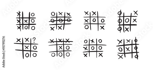 Hand drawn tic tac toe game, doodle X-O children game. Noughts and win. Play tictactoe draw.