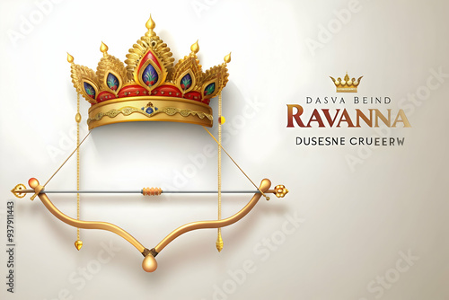 3D Ravanas Crown and Bow Frame concept as Vertical frame with Ravanas crown on the top left and a bow on the bottom right leaving ample copy space in the center with a royal and fierce Dussehra themed photo