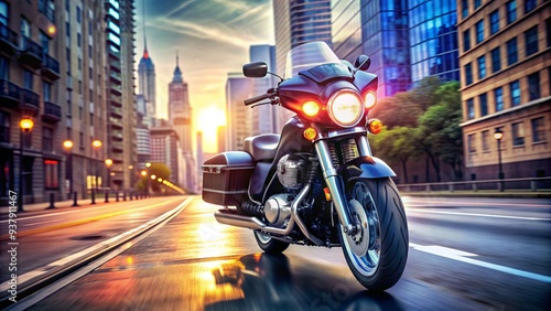 A sleek, black motorcycle with flashing lights and sirens, adorned with police decals, speeds down a city street, conveying a sense of urgency and authority. photo