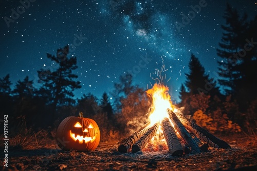 Jack-o'-Lantern Beside a Campfire Under a Starry Sky