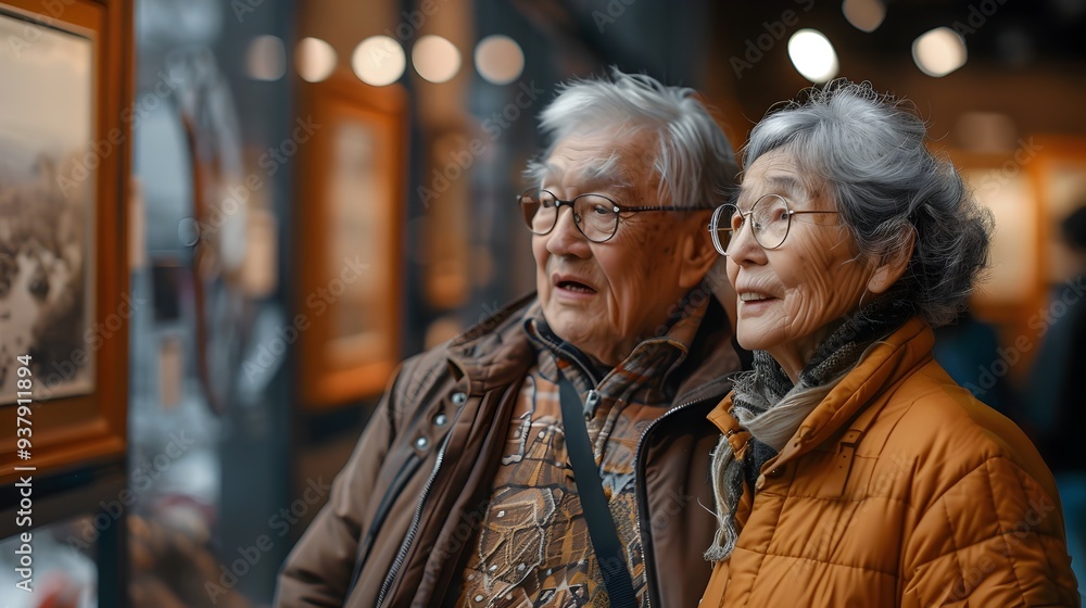 Senior couple exploring a museum engaged with cultural exhibits enriching their retirement life Senior couple exploring a museum engaged with cultural exhibits enriching their retirement life