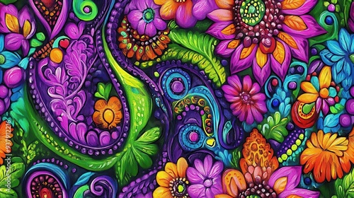 seamless pattern, Vibrant floral pattern with intricate designs in purple, orange, and green. Perfect for artistic projects and colorful backgrounds.