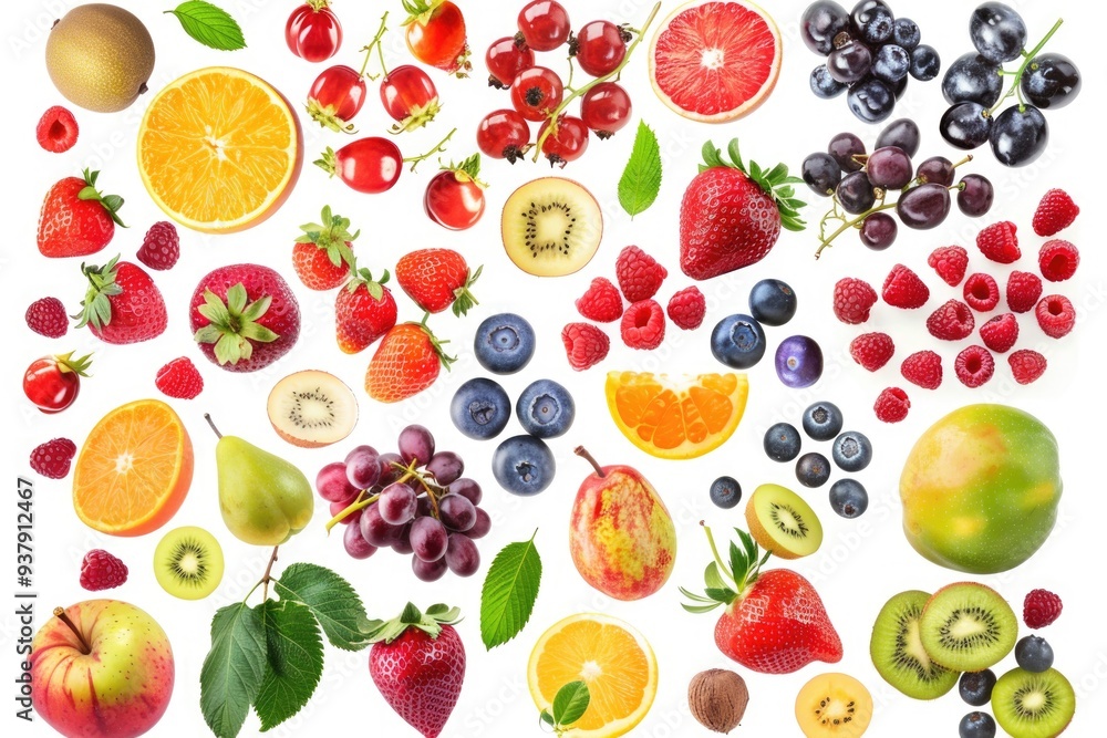 A selection of colorful fruits arranged in a circular pattern, ideal for food styling or educational purposes A selection of colorful fruits arranged in a circular pattern, ideal for food styling or educational purposes