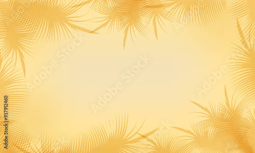 Tropical background in warm sand shade with palm leaves silhouettes on the frame