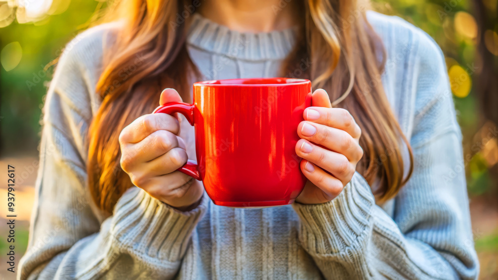 Woman Holding A Red Mug, Warm Beverage, Cozy Sweater, Autumn Vibes. Woman Holding A Red Mug, Warm Beverage, Cozy Sweater, Autumn Vibes.