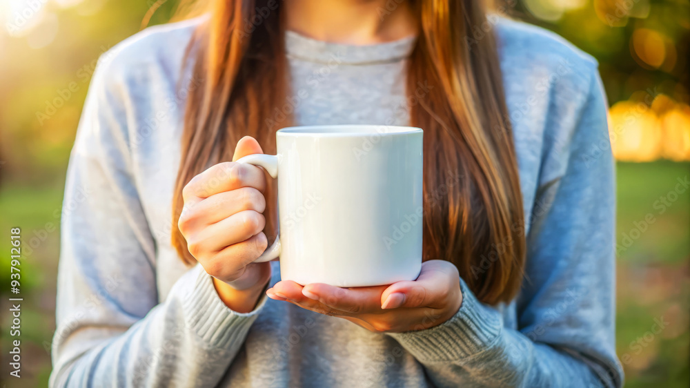 Woman Holding A White Mug With A Blurred Background. Woman Holding A White Mug With A Blurred Background.