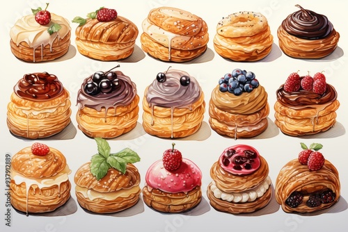 Wallpaper Mural watercolor clipart of set of pastries on white background Torontodigital.ca