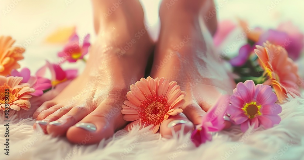 The image displays a lovely pedicure with flowers, ideal for spa and wellness, promoting relaxation and selfcare The image displays a lovely pedicure with flowers, ideal for spa and wellness, promoting relaxation and selfcare