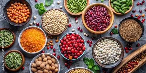 Assortment of colorful legumes including red and white beans, lentils, peas, and chickpeas in bowls on a gray table, perfect for vegetarian food displays.