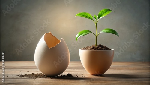 A stylized illustration of a growing plant emerging from a cracked egg, symbolizing personal growth, transformation, and self-improvement in a modern, minimalist setting. photo