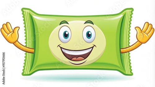 A stylized illustration of a wet wipe packet with a smiling face and outstretched arms, conveying cleanliness and convenience in a playful manner. photo