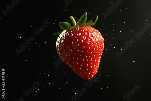 Juicy strawberry floating with water droplets photo