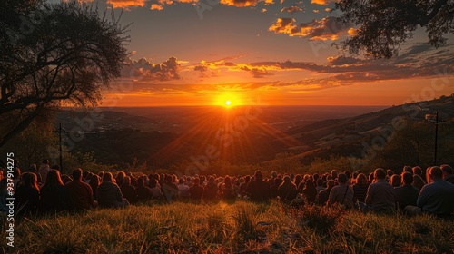 Sunrise sermon at a scenic hilltop church gathering event photo