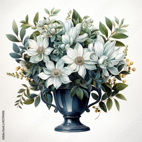 watercolor clipart of silver Trophy , leaves flowers, isolated on white background, watercolor clipart, watercolor effect, watercolor texture, vibrant, bright, visually appealing 