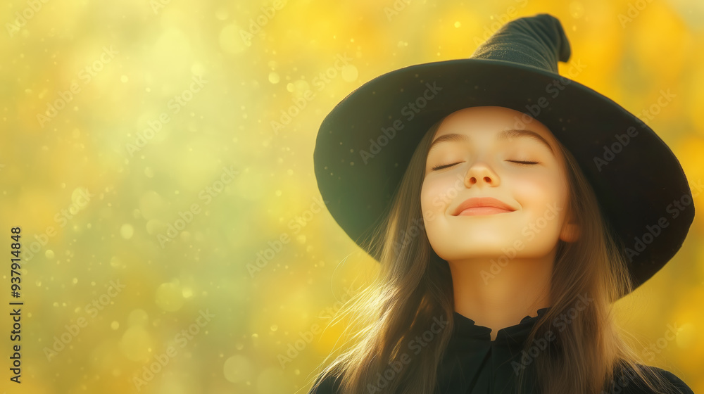 Young girl wearing a witch hat smiles in autumn sunlight Young girl wearing a witch hat smiles in autumn sunlight