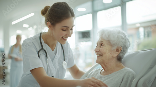 Wallpaper Mural young nurse in uniform assisting a smiling elderly woman with gray hair, capturing the essence of caregiving and support, with a focus on the bond and trust between the patient and Torontodigital.ca