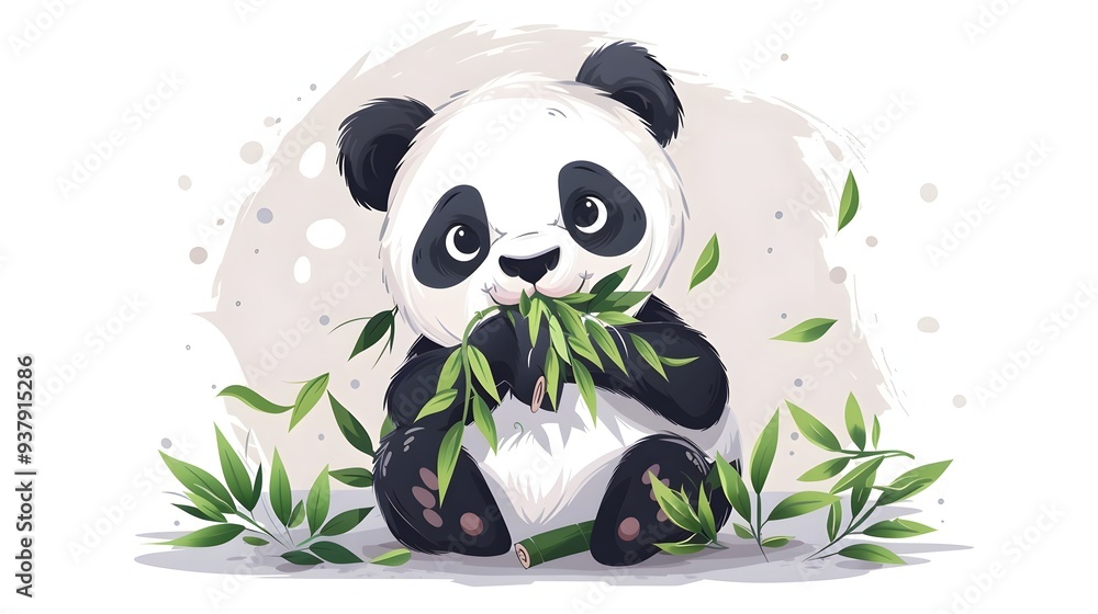 Cute Cartoon Panda Eating Bamboo Relaxed and Content on White Background Cute Cartoon Panda Eating Bamboo Relaxed and Content on White Background