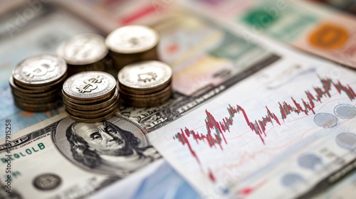 A financial graph with an upward trend, placed over a background of various currencies, highlighting global financial markets.