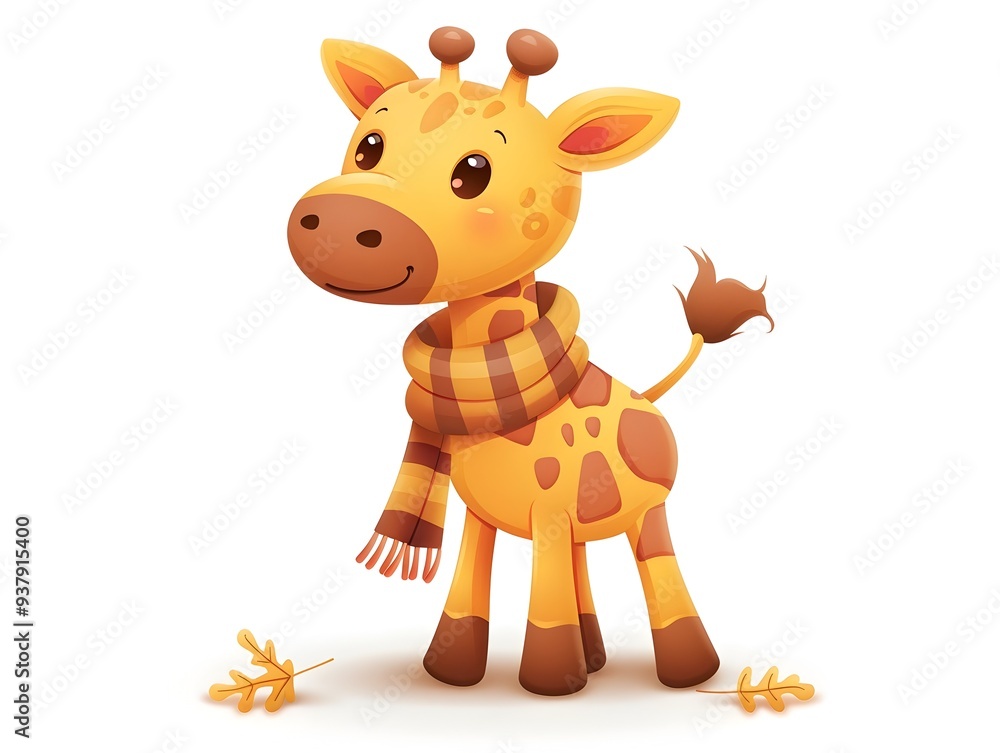 Obraz premium Adorable Cartoon Giraffe Wearing a Scarf On a White Background