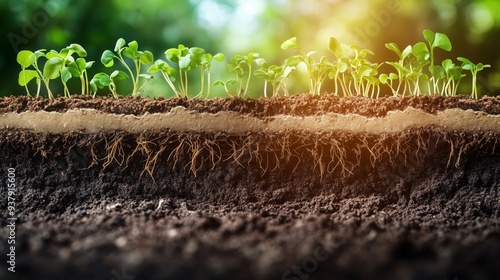 Soil layers reveal roots and sprouts thriving under sunlight in a lush environment photo